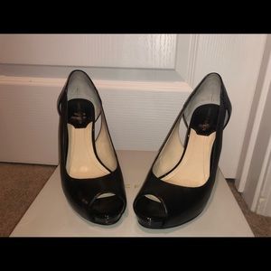 Marc Fisher Black Peep Toe Gold Trim Heels